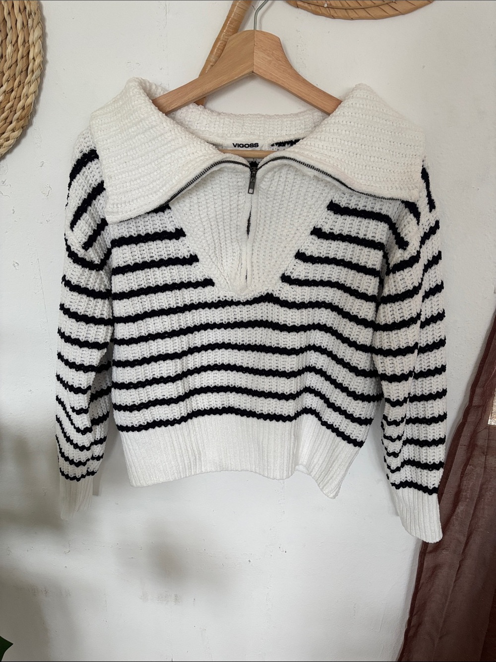 Vigoss Cream & Black Striped Zip-Front Cowl Sweater